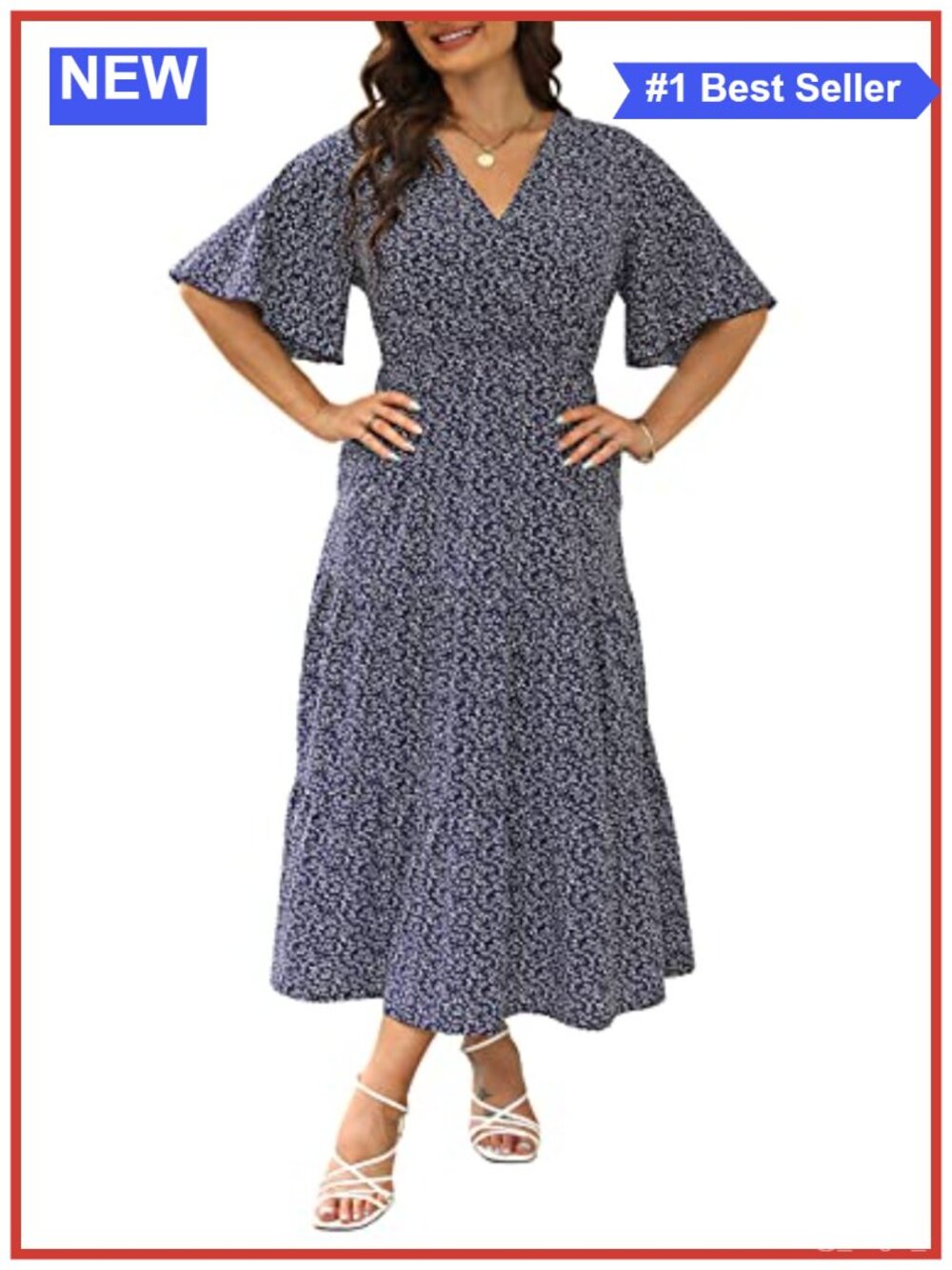 Plus Size V Neck 3/4 Sleeve Empire Waist A-Line Maxi Dress